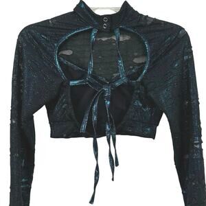 Kelle Women Dance Rave Costume Cyberpunk Long Sleeve Cropped Top Blue Medium